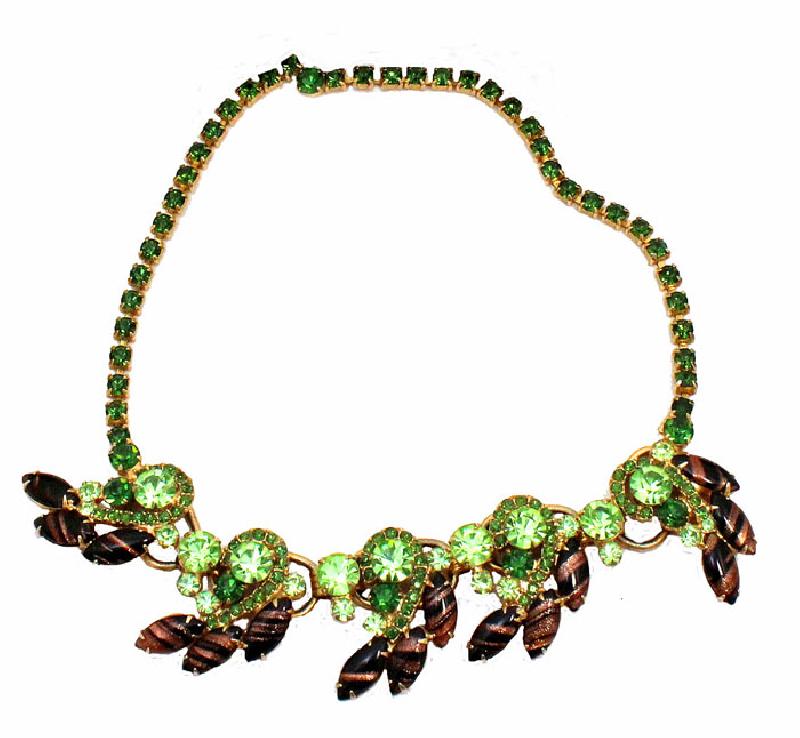Front view of Green Navettes Striped Necklace
