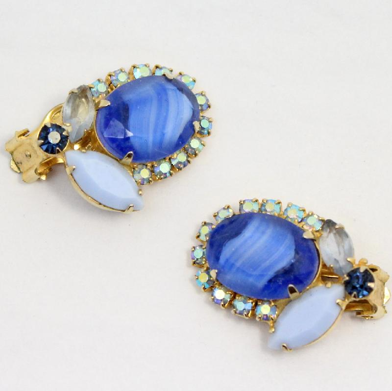Front view of Blue Oval Givre Earrings Clip