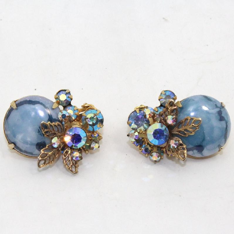 Front view of Blue Cabochons Spotted Earrings Clip