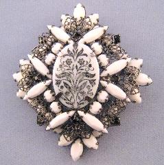 White (chalk Or Milk) Navettes Painted (hand/Transfer) Brooch