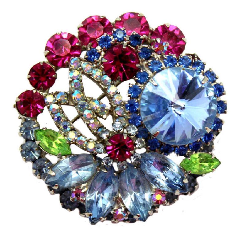 Front view of Blue Navettes Rivoli/Margarita Brooch