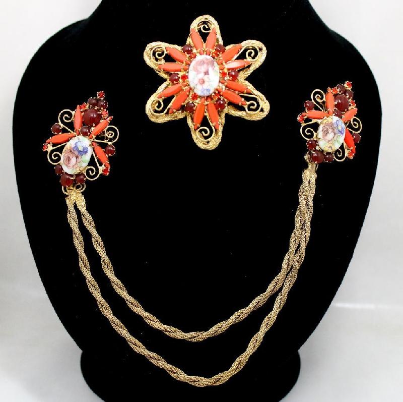 Front view of Orange Navettes Painted Brooch