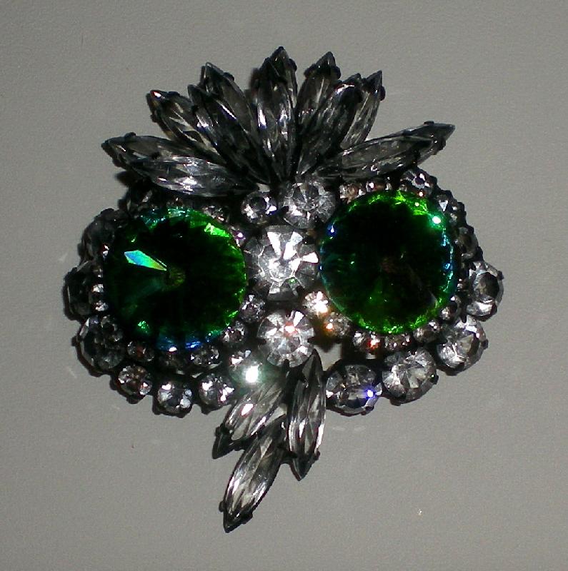 Front view of Green Navettes Rivoli/Margarita Brooch