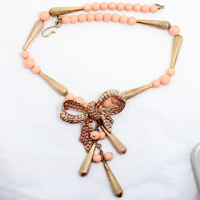 Front view of Pink Chatons Only Wood Necklace