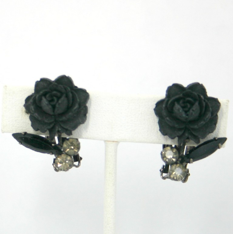 Front view of Black (jet) Navettes Molded/Cut Earrings Clip