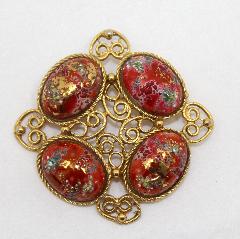 Red Cabochons Painted (hand/Transfer) Brooch