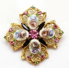 Pink Cabochons Painted (hand/Transfer) Brooch