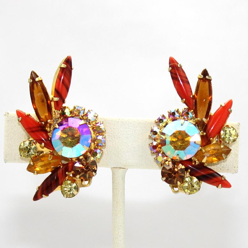 Front view of Orange Navettes Striped Earrings Clip