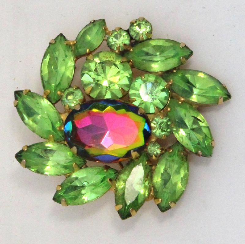 Front view of Green Navettes Multi-Color/Shaded Brooch