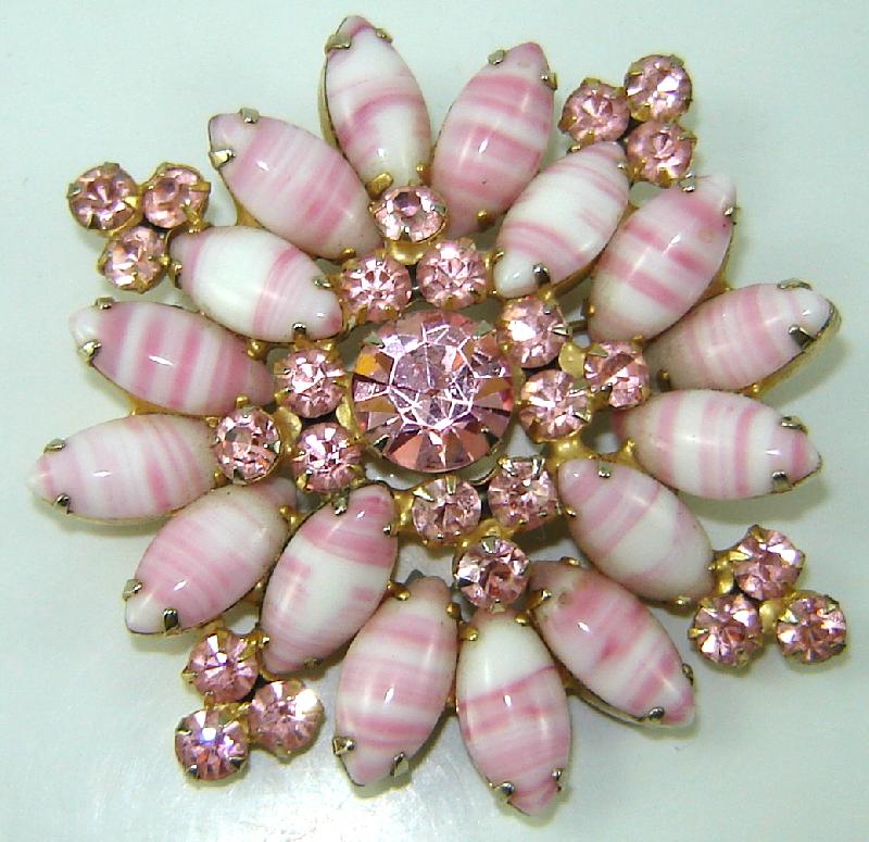 Front view of Pink Navettes Striped Brooch