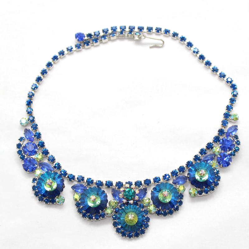 Front view of Blue Navettes Rivoli/Margarita Necklace