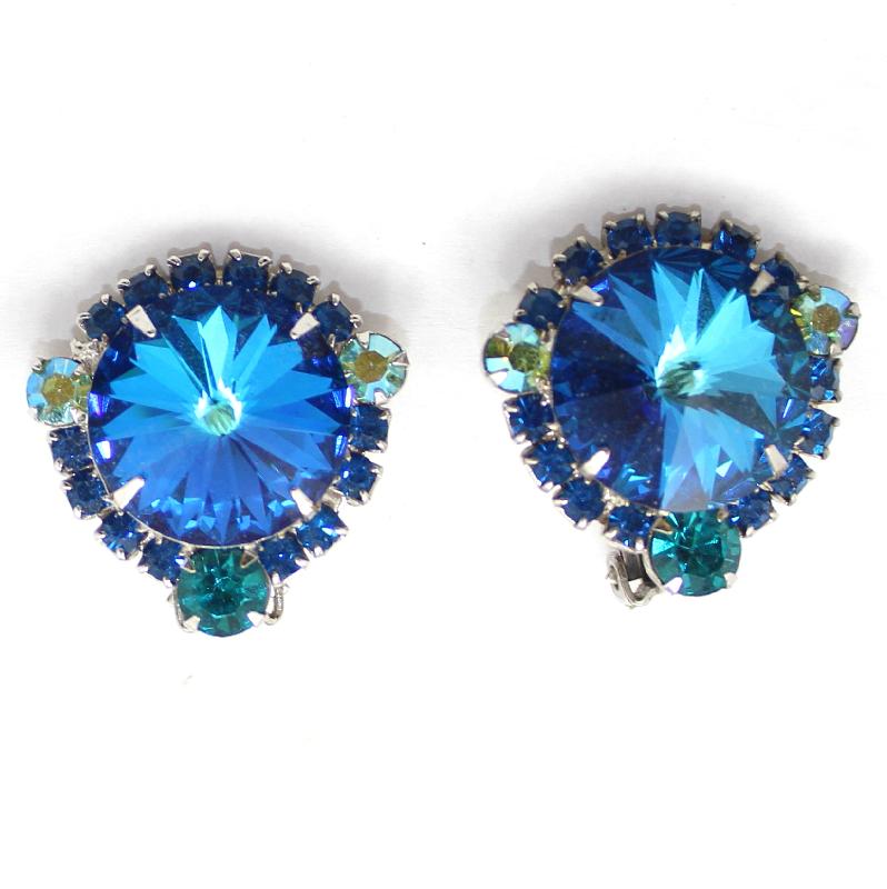 Front view of Blue Chatons Only Rivoli/Margarita Earrings Clip