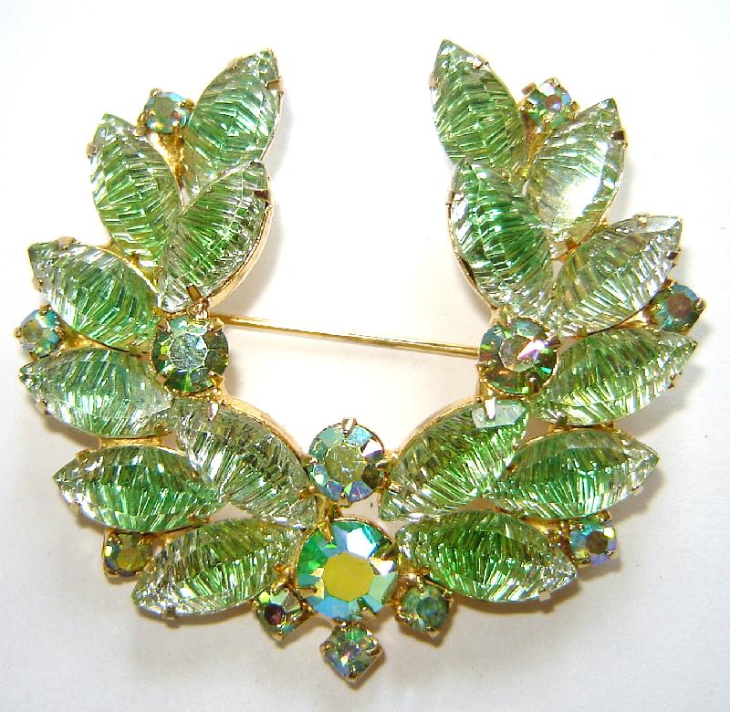 Front view of Green Navettes Givre Brooch
