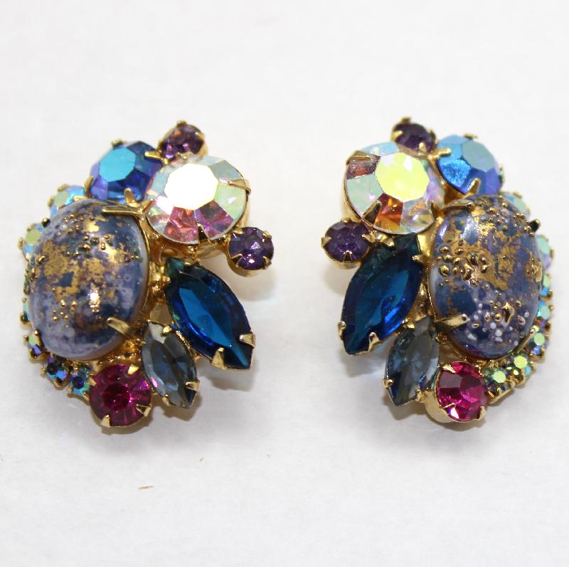 Front view of Blue Cabochons Painted (hand/Transfer) Earrings Clip