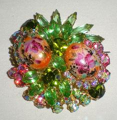 Green Cabochons Painted (hand/Transfer) Brooch