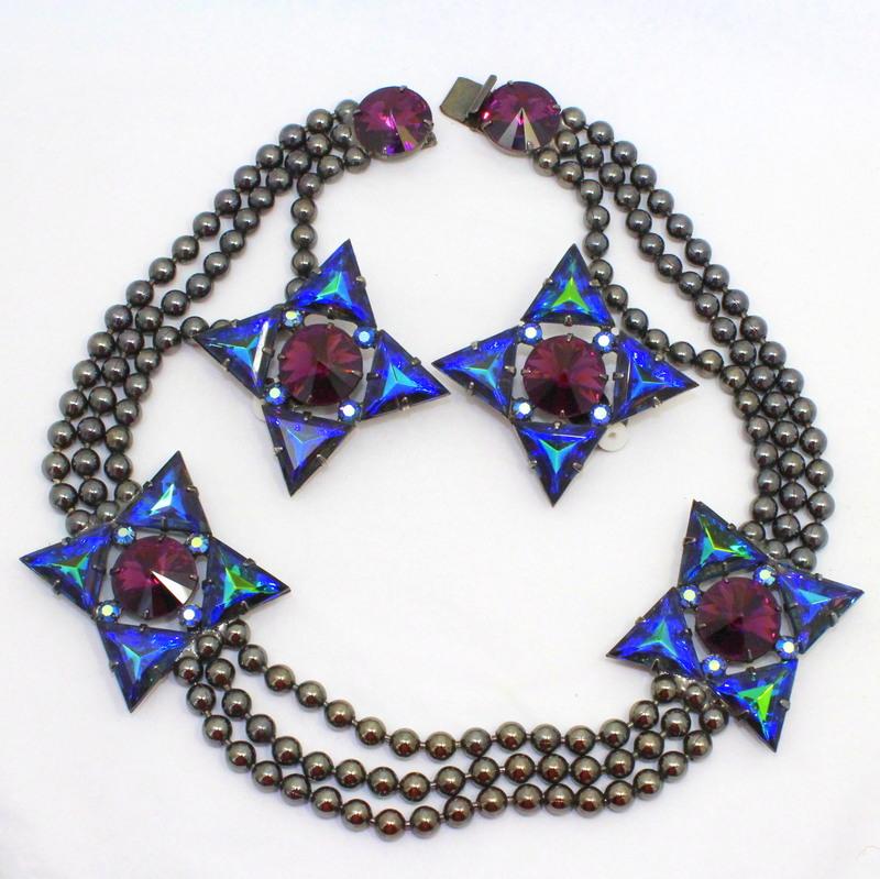 Front view of Purple (cardinal) Triangle Rivoli/Margarita Earrings Clip
