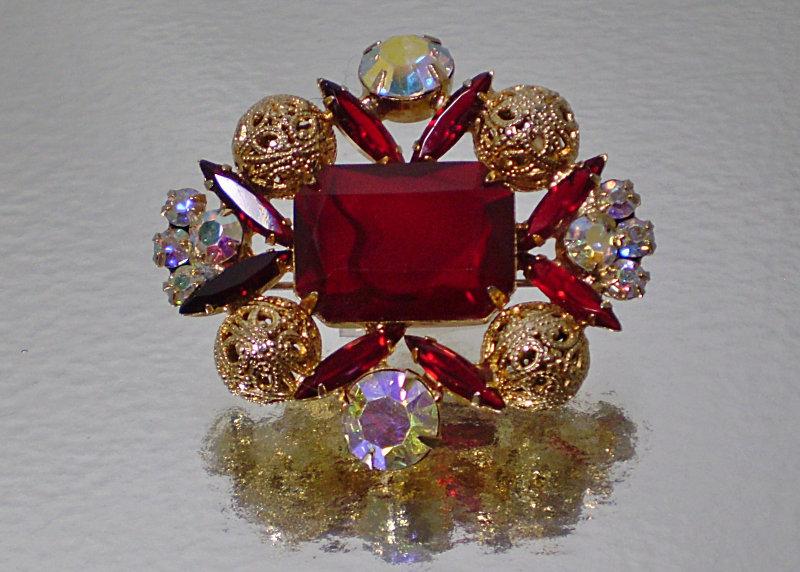 Front view of Red Emerald Cut Brooch
