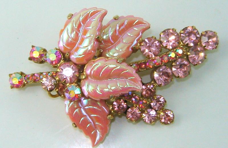 Front view of Pink Leaf Molded/Cut Brooch