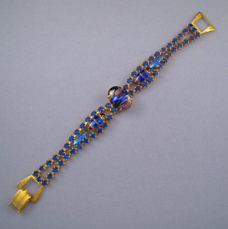 Front view of Blue Cabochons Striped Bracelet Flat Fold Over