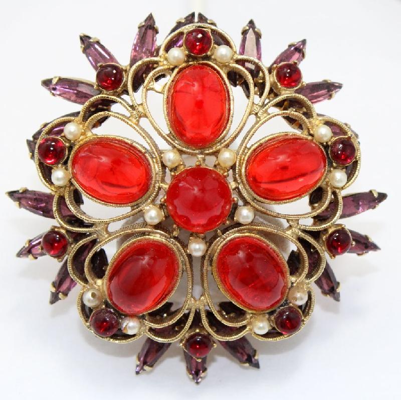 Front view of Red Cabochons Brooch