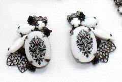 White (chalk Or Milk) Cabochons Painted (hand/Transfer) Earrings Clip