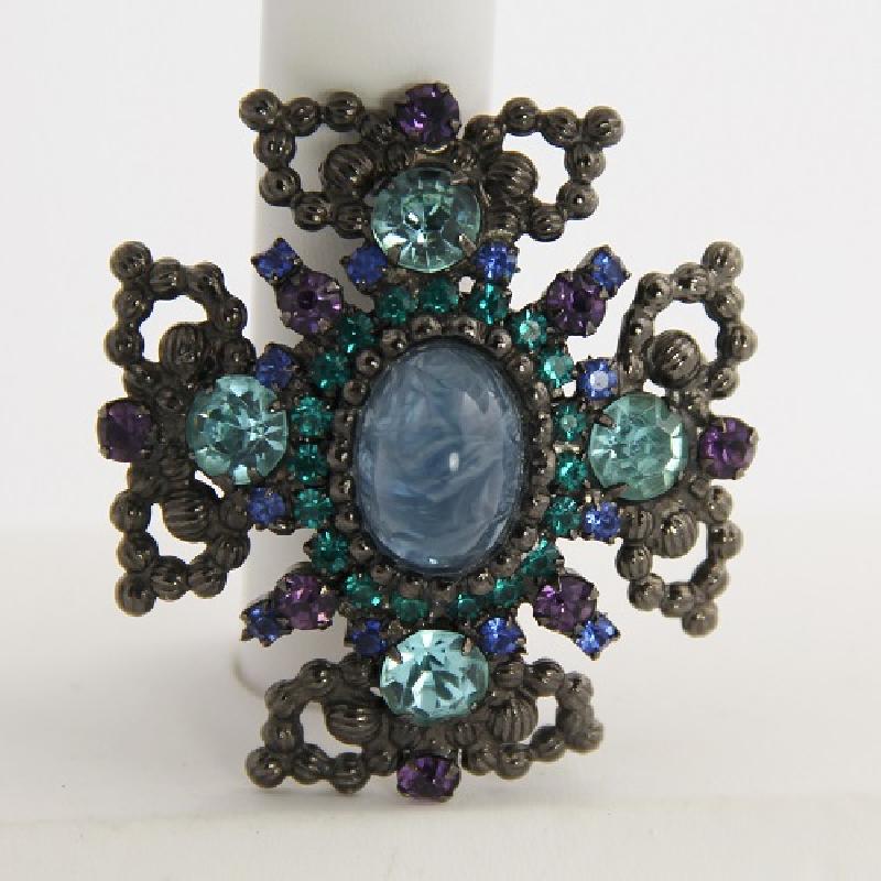 Front view of Blue Cabochons Striped Brooch