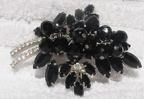 Front view of Black (jet) Navettes Brooch