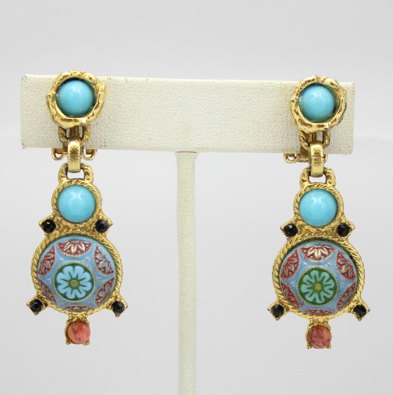 Front view of Turquoise Cabochons Painted (hand/Transfer) Earrings Clip
