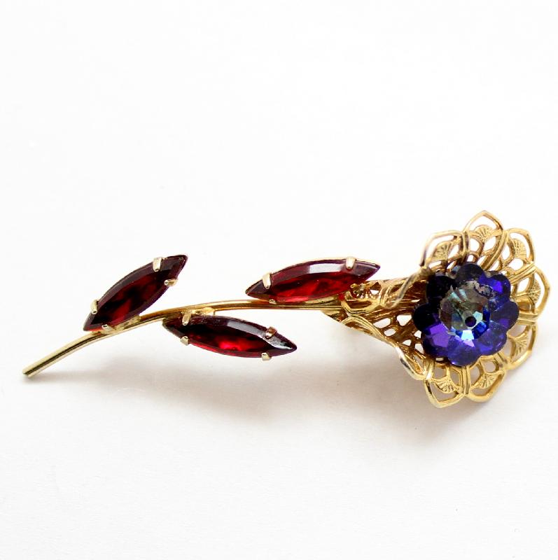 Front view of Red Navettes Rivoli/Margarita Brooch