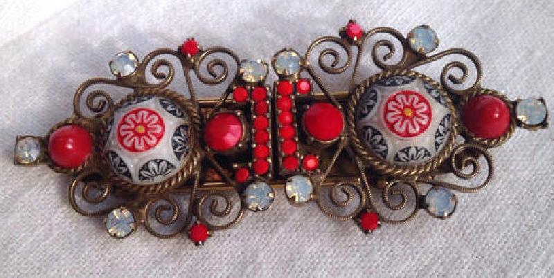 Front view of Red Cabochons Painted (hand/Transfer) Dress Clip