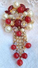 Red Cabochons Pearl Brooch