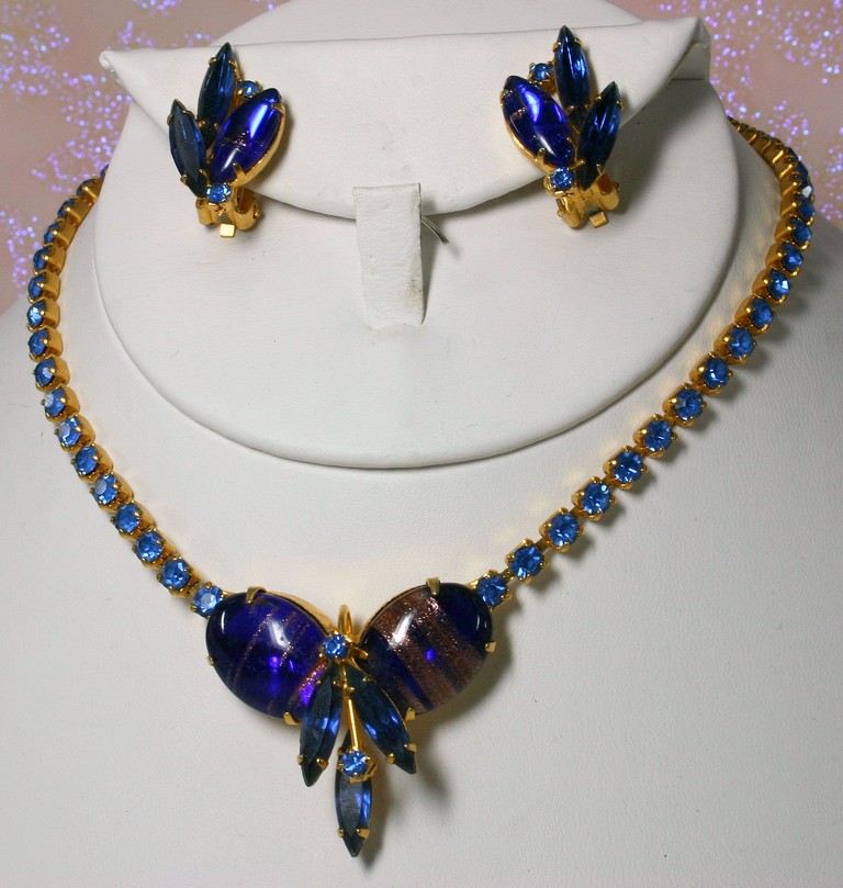 Front view of Blue Cabochons Striped Earrings Clip