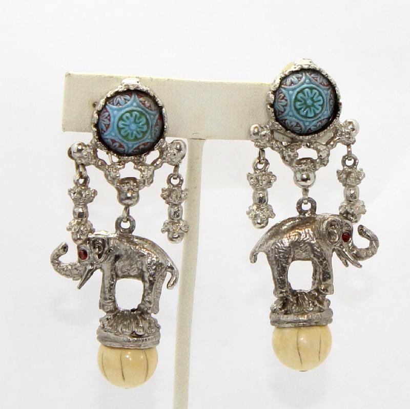 Front view of Blue Cabochons Painted (hand/Transfer) Earrings Clip