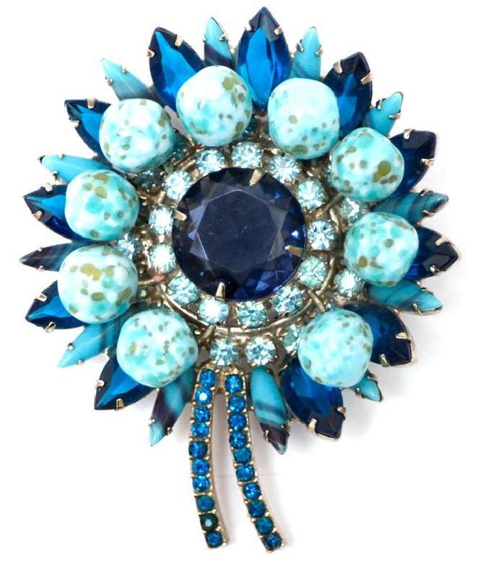Front view of Blue Navettes Spotted Brooch