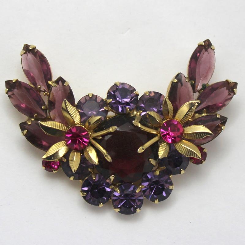 Front view of Purple (cardinal) Navettes Brooch