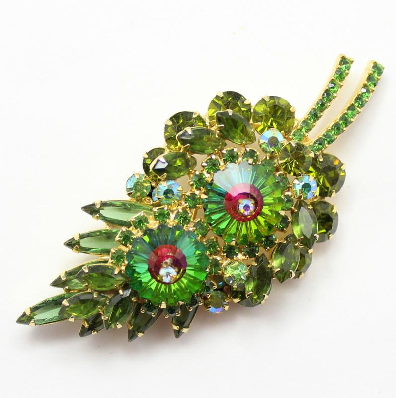 Front view of Green Navettes Rivoli/Margarita Brooch