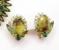 Green Oval Striped Earrings Clip