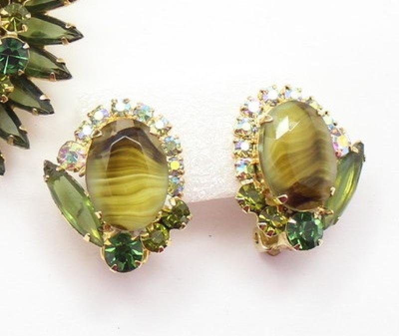 Front view of Green Oval Striped Earrings Clip