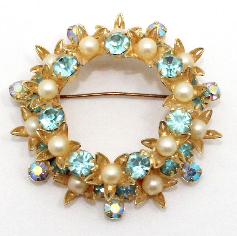 Front view of Blue Chatons Only Pearl Brooch