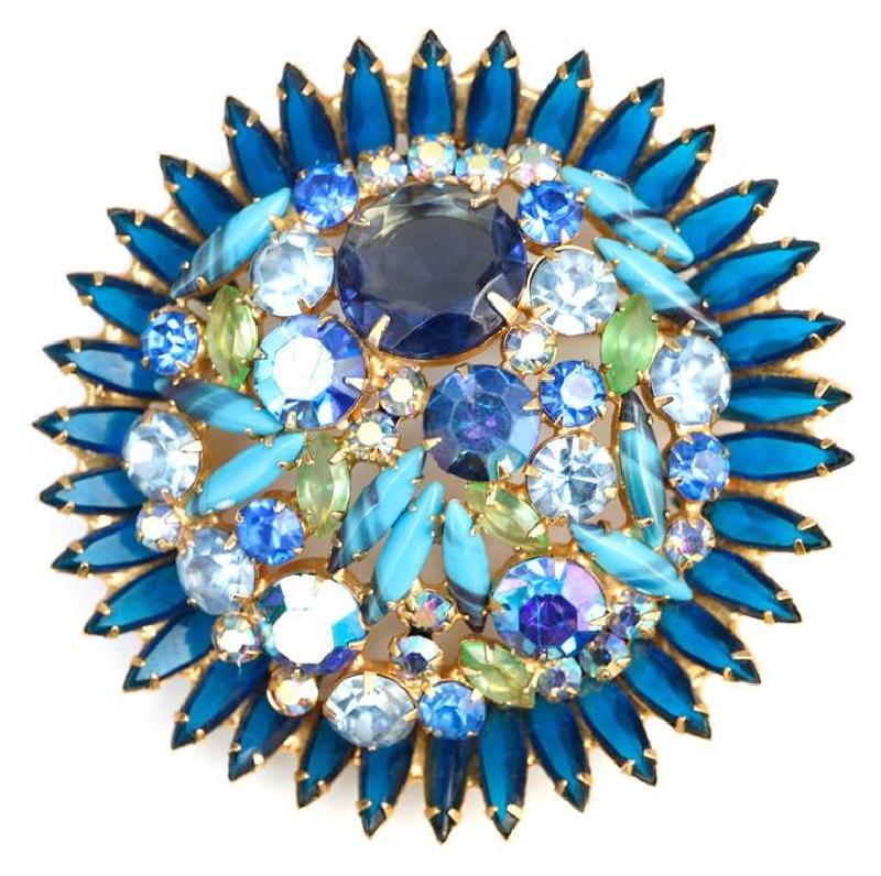 Front view of Blue Cabochons Striped Brooch