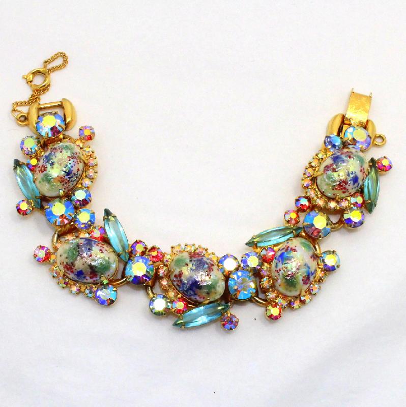 Front view of Blue Cabochons Painted (hand/Transfer) Bracelet 5 Link