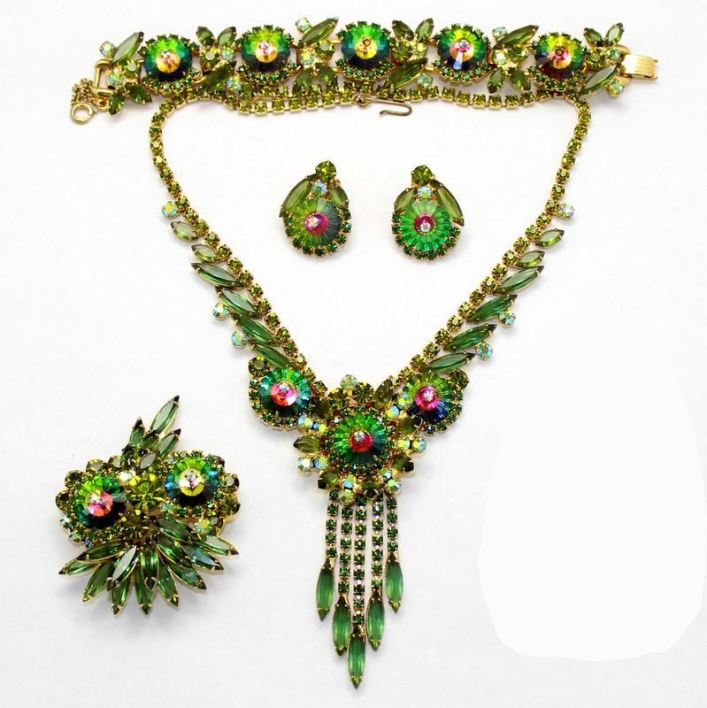 Front view of Green Navettes Rivoli/Margarita Brooch