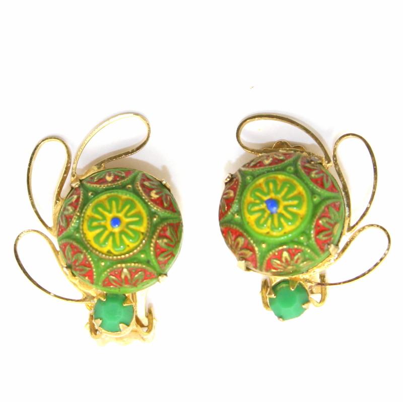 Front view of Green Cabochons Painted (hand/Transfer) Earrings Clip