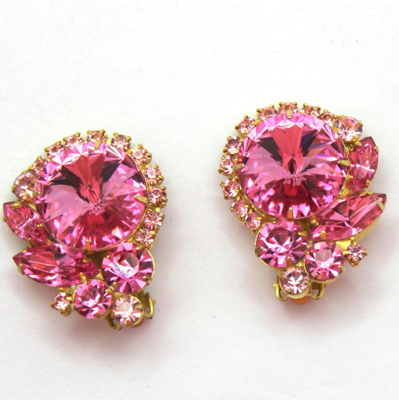 Front view of Pink Navettes Rivoli/Margarita Earrings Clip