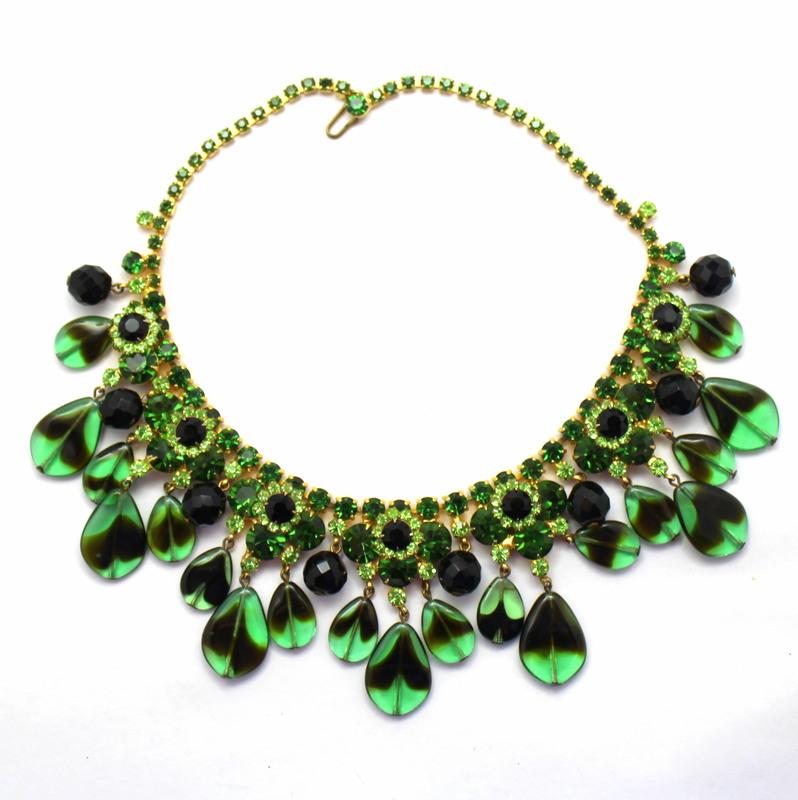 Front view of Green Chatons Only Striped Necklace