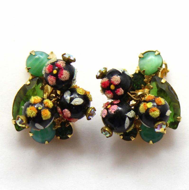 Front view of Green Navettes Painted (hand/Transfer) Earrings Clip