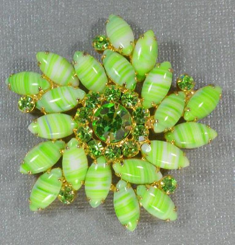 Front view of Green Navettes Striped Brooch