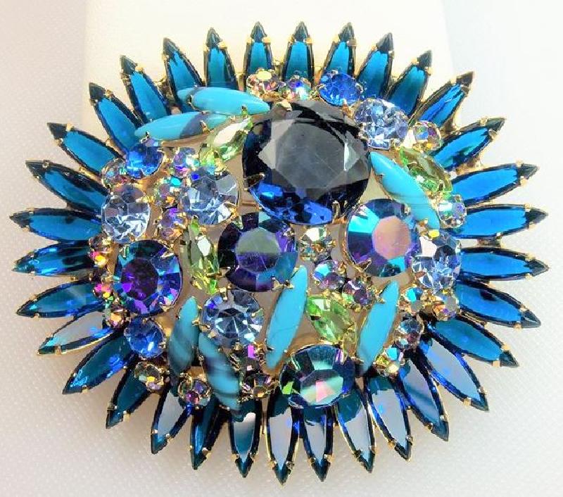 Front view of Blue Navettes Striped Brooch