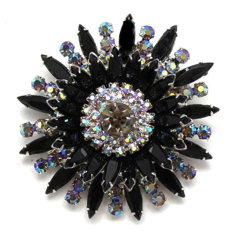 Front view of Black (jet) Navettes Brooch