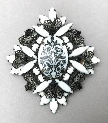 White (chalk Or Milk) Cabochons Painted (hand/Transfer) Brooch